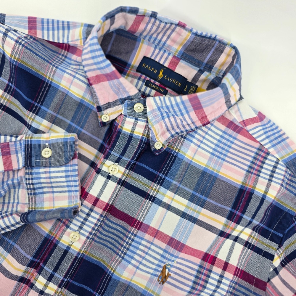 Ralph Lauren Plaid Shirt Mens LRGE Classic Heritage Cotton Button Down Blue Pink - Picture 9 of 10